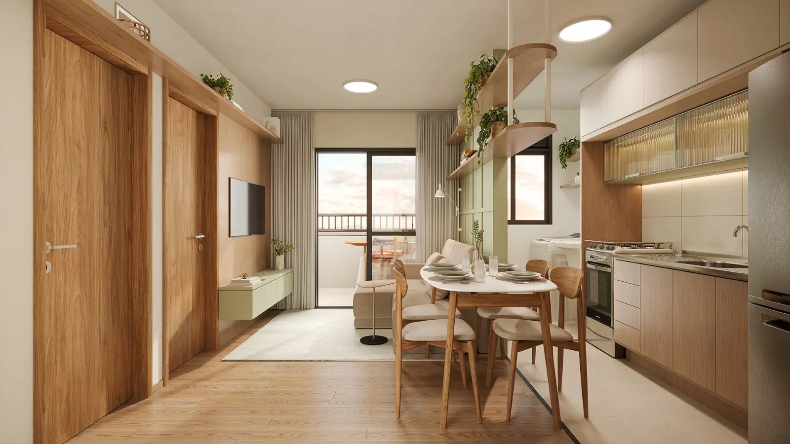 Sala e cozinha integradas do apartamento decorado do Caminho dos Alecrins