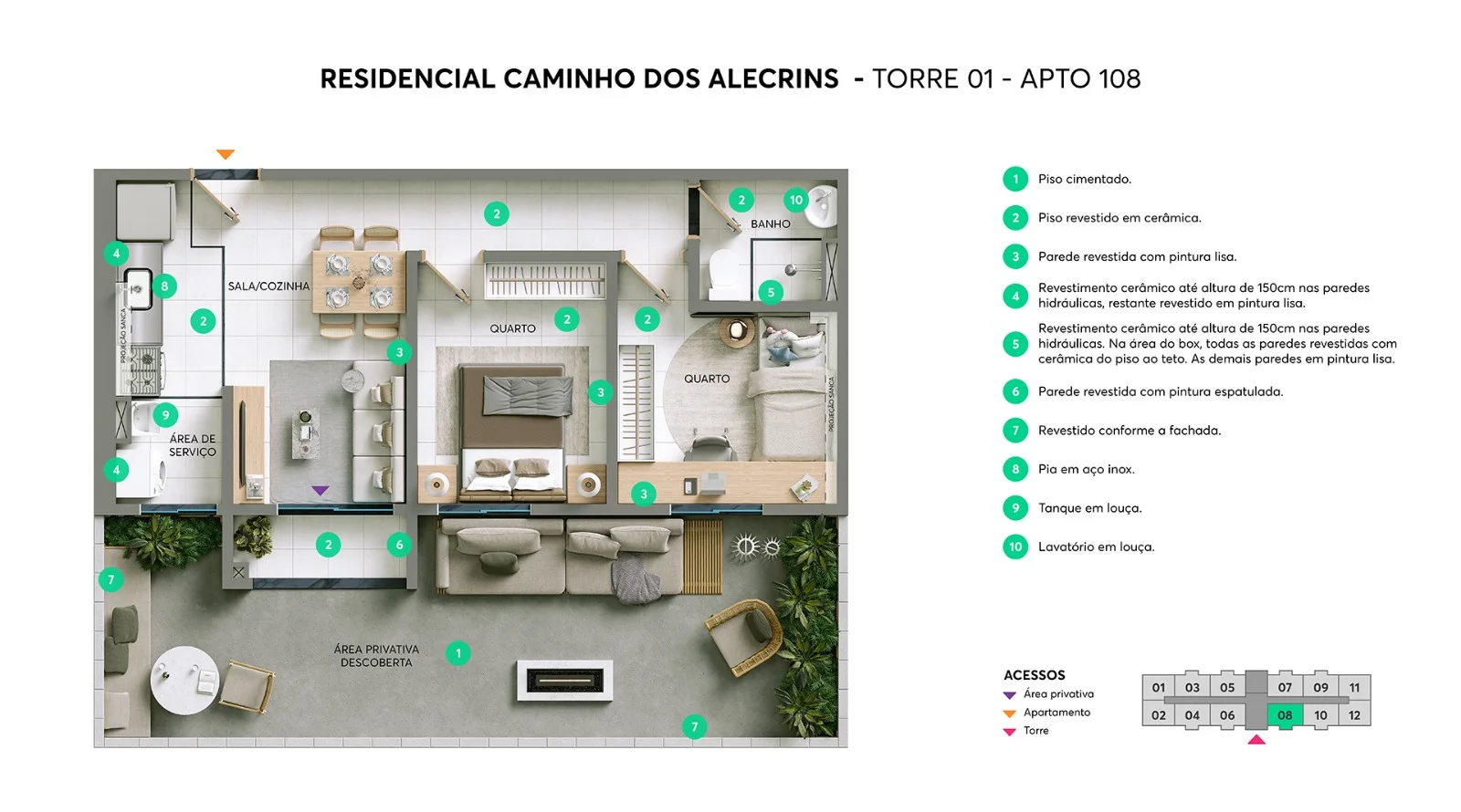 Planta do apartamento com área privativa - Torre 01 do Caminho dos Alecrins