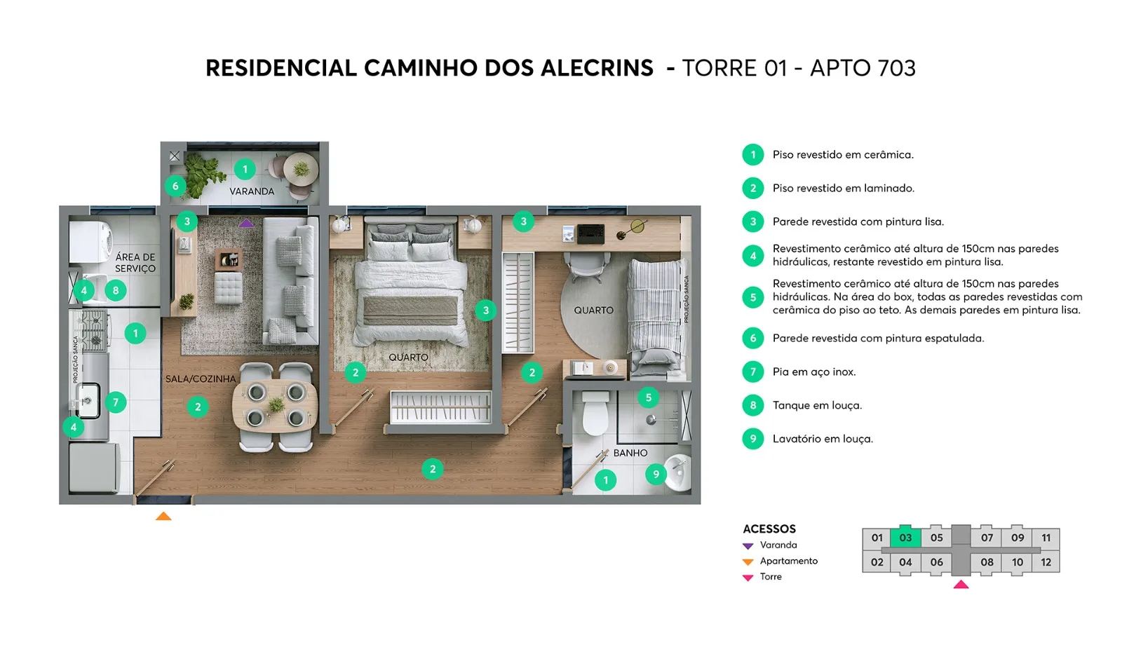 Planta do apartamento 703 com varanda - Torre 01 do Caminho dos Alecrins
