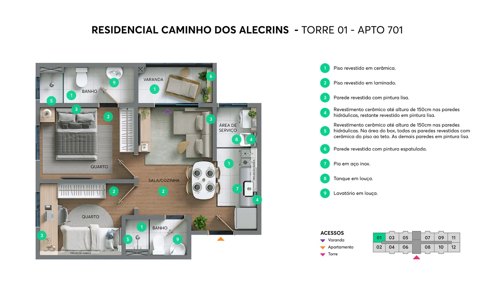 Planta do apartamento 701 com suíte e varanda - Torre 01 do Caminho dos Alecrins