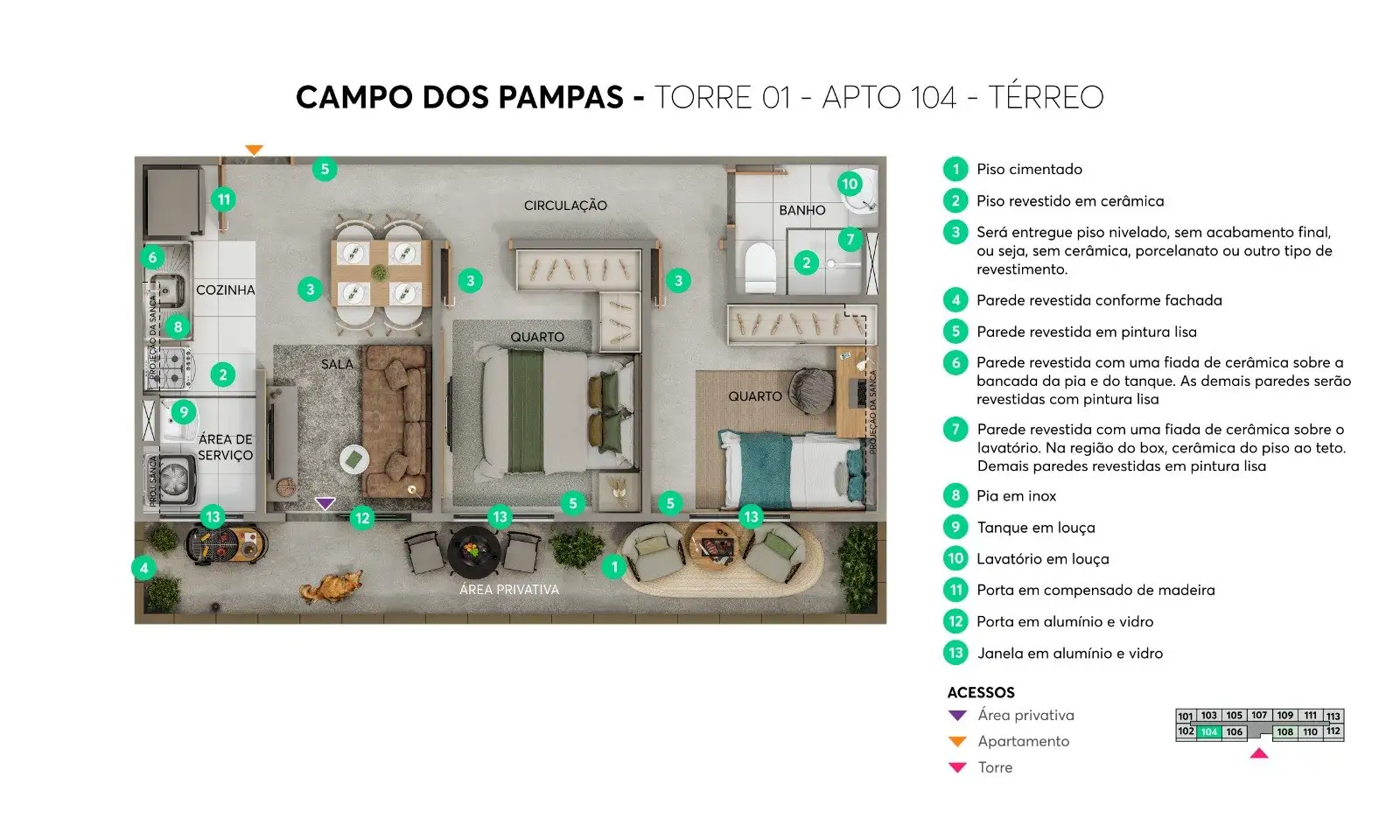 Planta do apto 104, térreo — Campo dos Pampas