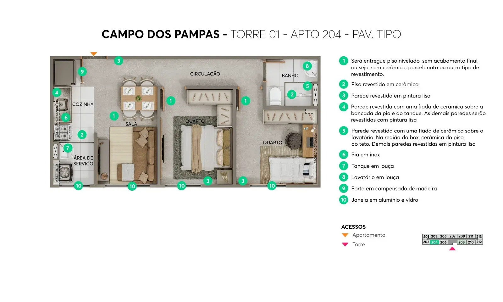 Planta do apto 204, tipo — Campo dos Pampas