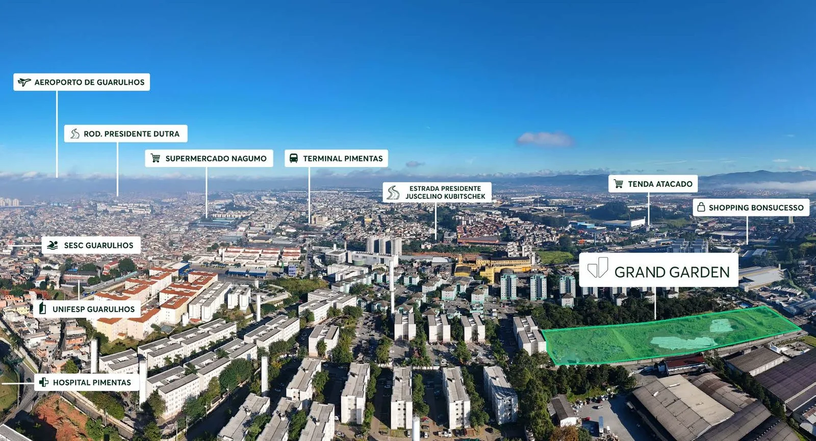 Vista aérea da região do Bonsucesso, em Guarulhos, com o Grand Garden