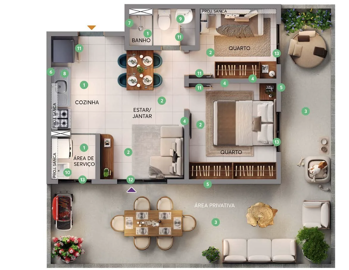 Planta do apartamento de 2 quartos com área privativa do Grand Garden