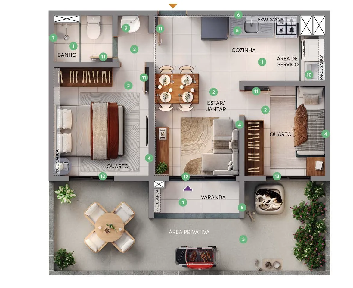 Planta do apartamento de 2 quartos com varanda do Grand Garden